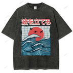 Unisex Japanese Waves Printed Washed Tee