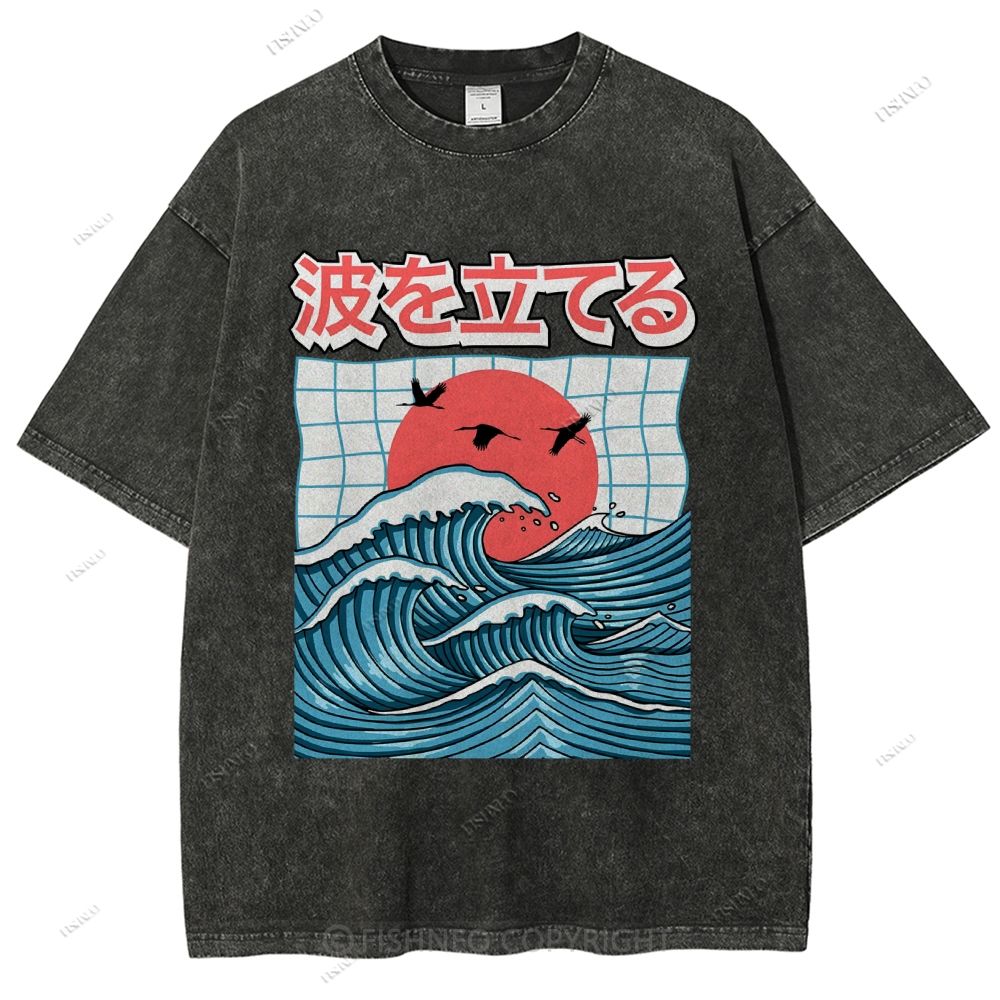 Unisex Japanese Waves Printed Washed Tee