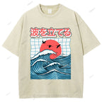 Unisex Japanese Waves Printed Washed Tee