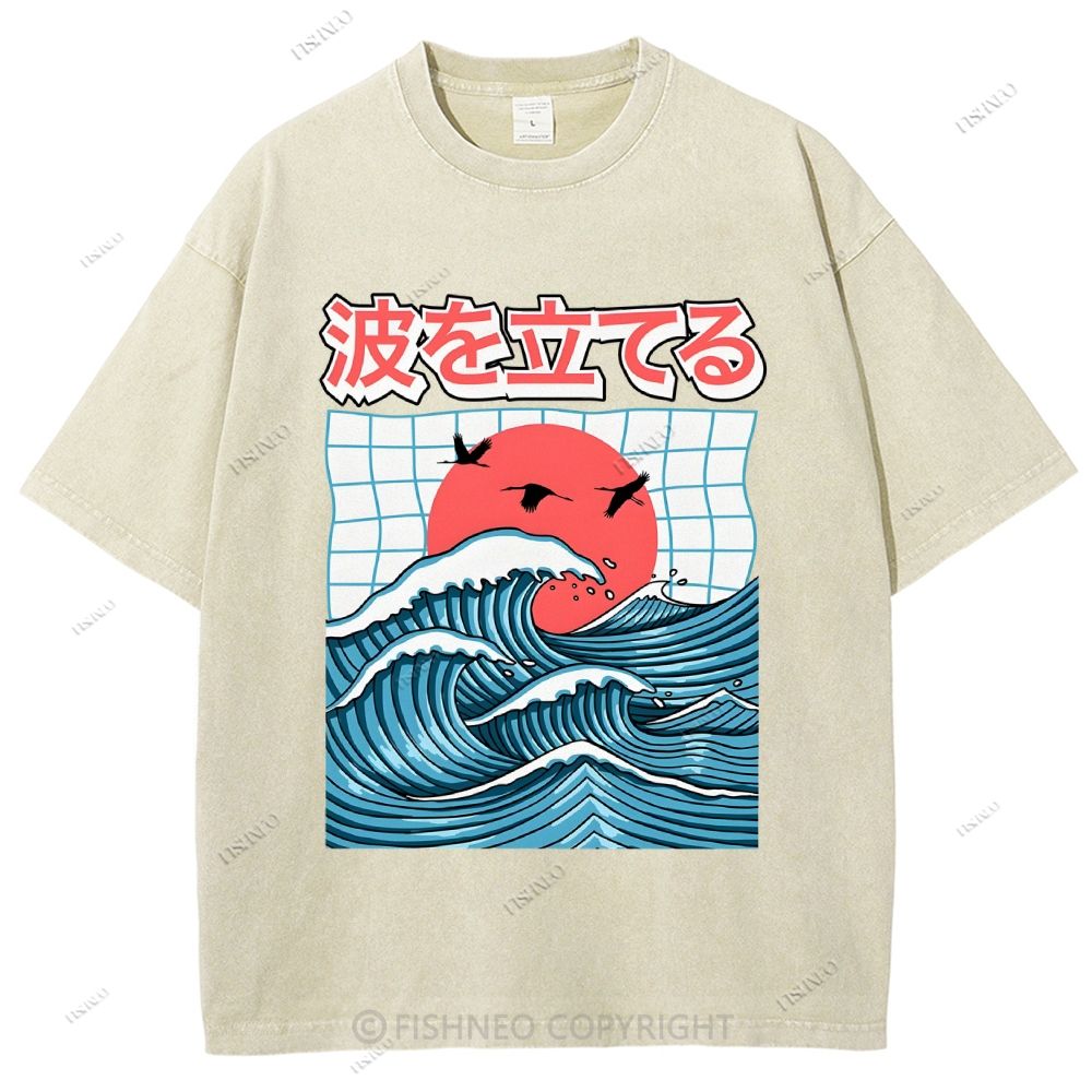 Unisex Japanese Waves Printed Washed Tee