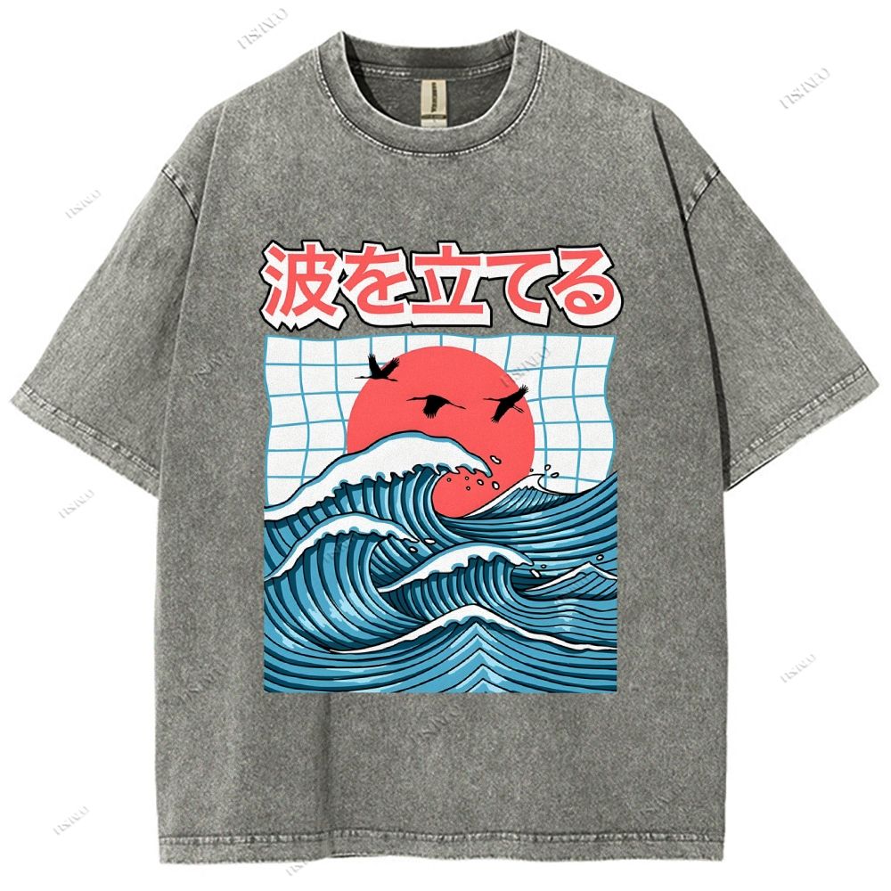Unisex Japanese Waves Printed Washed Tee