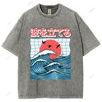 Unisex Japanese Waves Printed Washed Tee