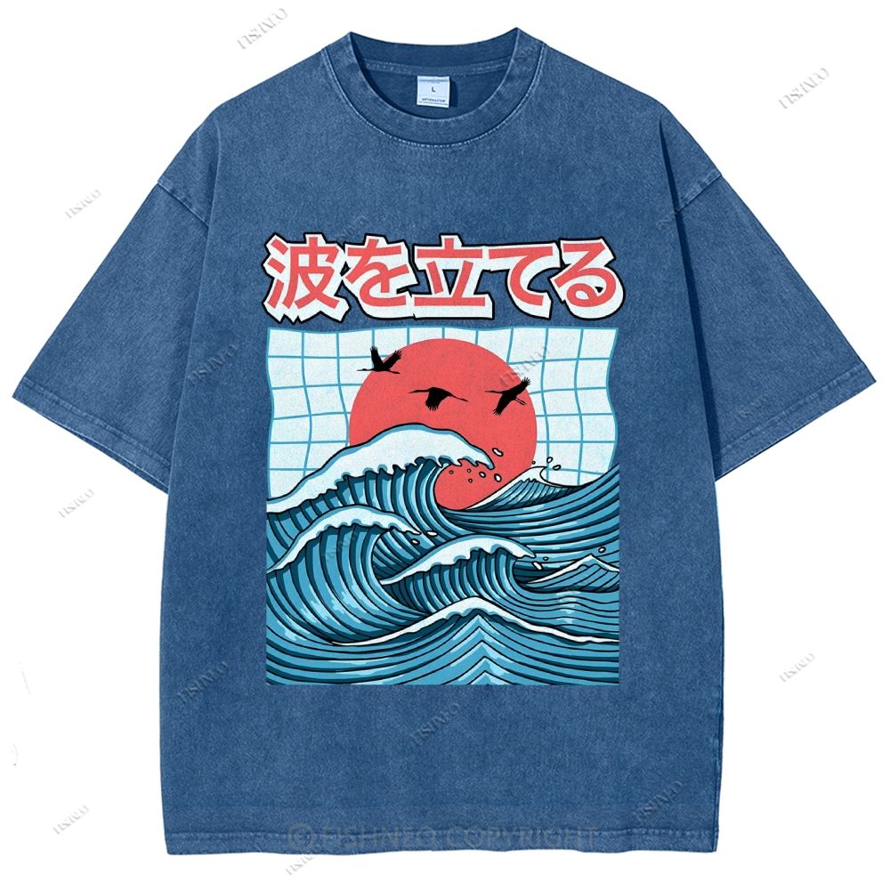 Unisex Japanese Waves Printed Washed Tee