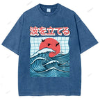 Unisex Japanese Waves Printed Washed Tee