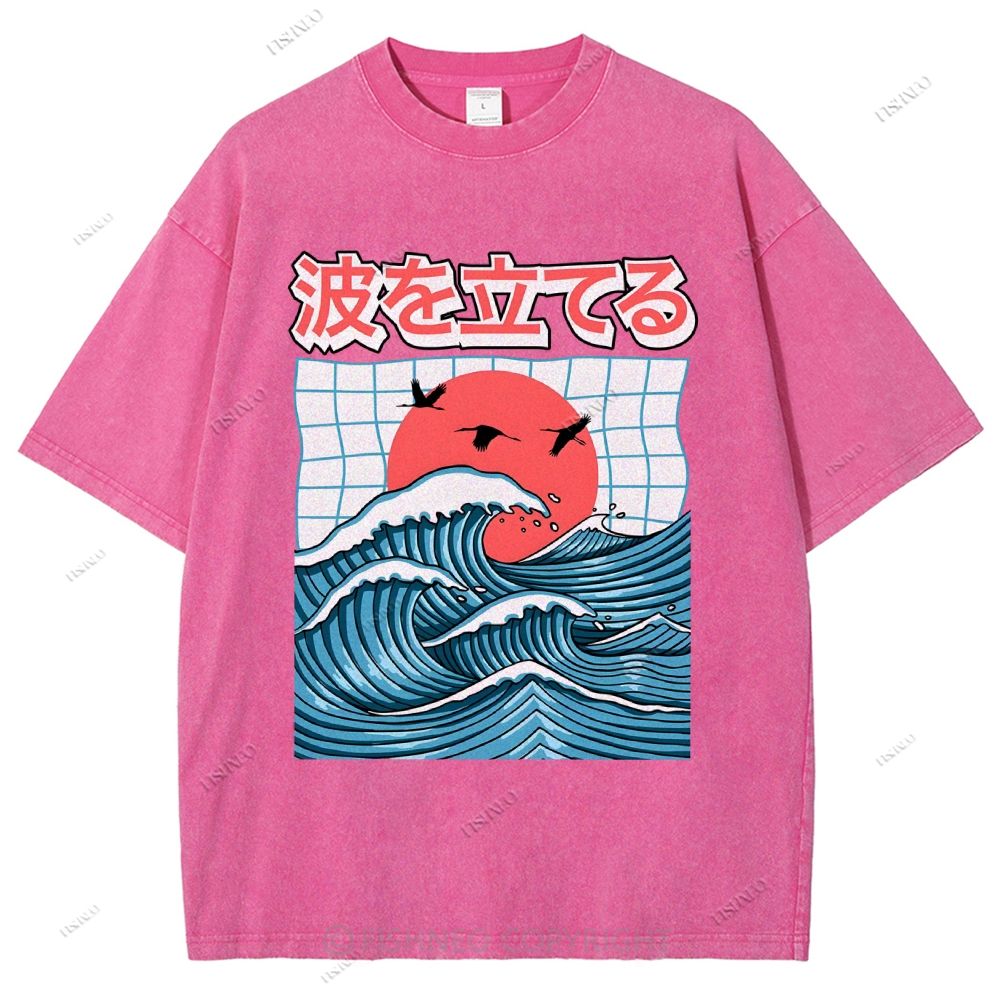 Unisex Japanese Waves Printed Washed Tee