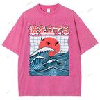 Unisex Japanese Waves Printed Washed Tee