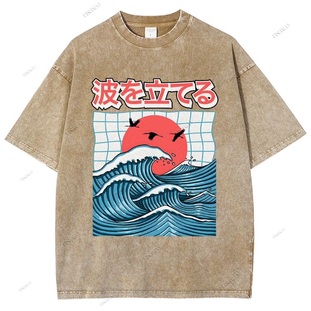 Unisex Japanese Waves Printed Washed Tee