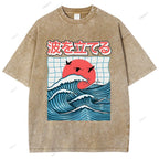 Unisex Japanese Waves Printed Washed Tee