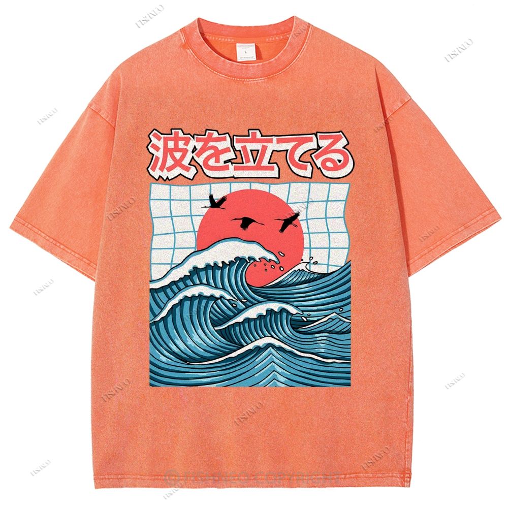 Unisex Japanese Waves Printed Washed Tee