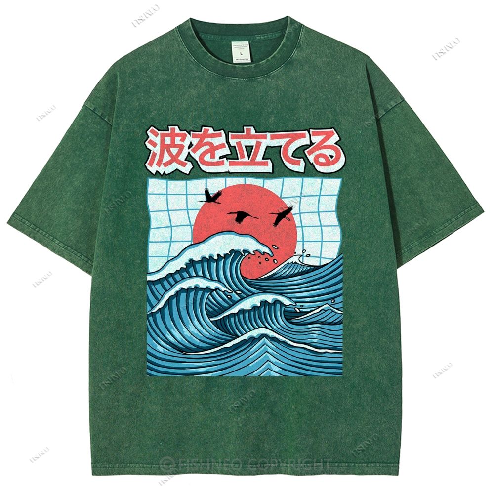 Unisex Japanese Waves Printed Washed Tee