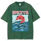 Unisex Japanese Waves Printed Washed Tee