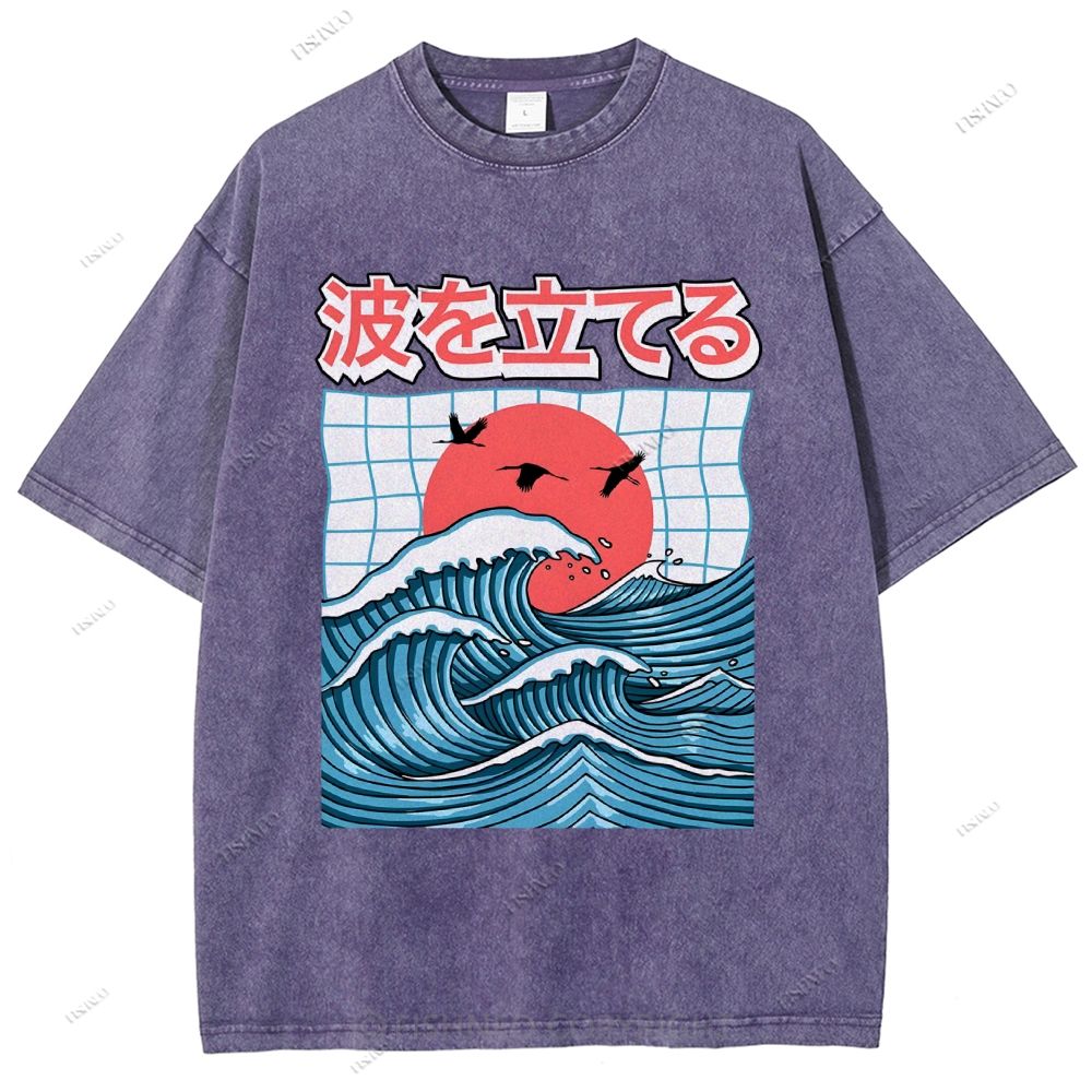 Unisex Japanese Waves Printed Washed Tee