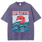 Unisex Japanese Waves Printed Washed Tee