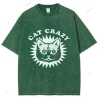 Unisex Cat Printed Washed Tee