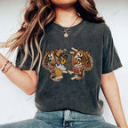 Unisex Cat Tiger Printed Washed Tee