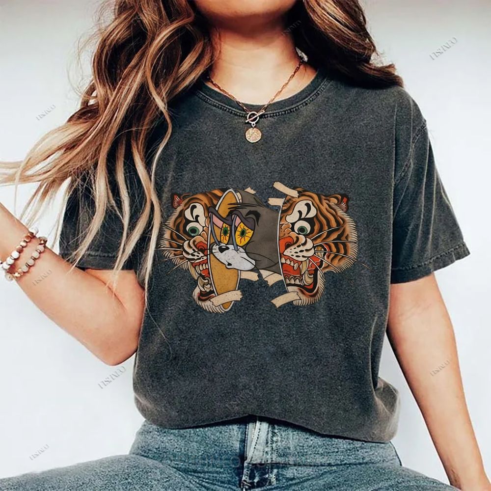 Unisex Cat Tiger Printed Washed Tee