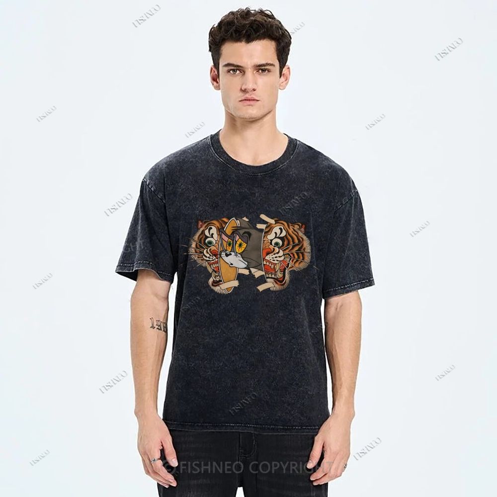 Unisex Cat Tiger Printed Washed Tee