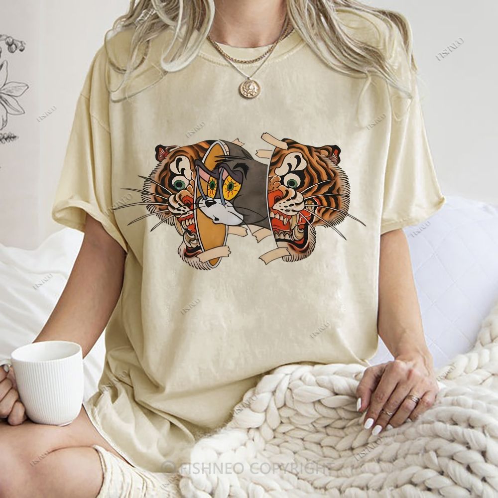 Unisex Cat Tiger Printed Washed Tee