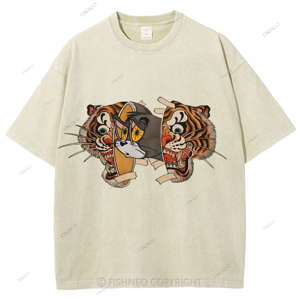 Unisex Cat Tiger Printed Washed Tee