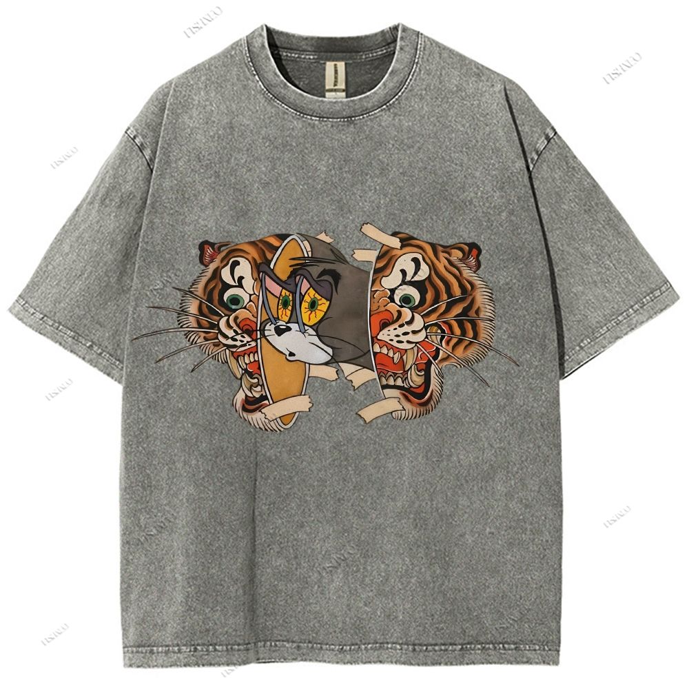 Unisex Cat Tiger Printed Washed Tee