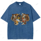 Unisex Cat Tiger Printed Washed Tee