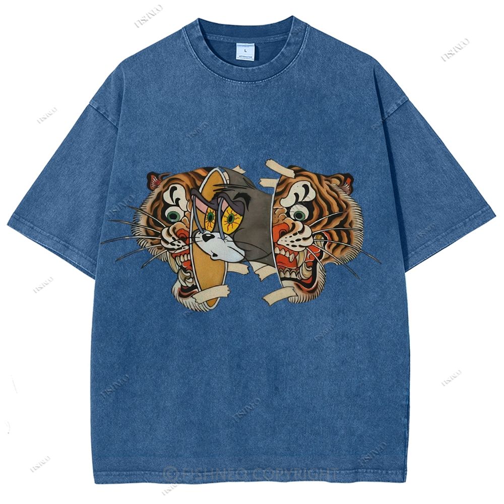 Unisex Cat Tiger Printed Washed Tee