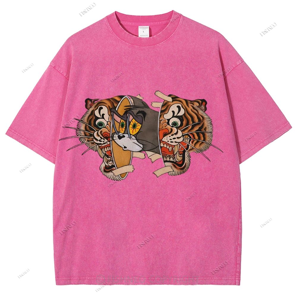 Unisex Cat Tiger Printed Washed Tee