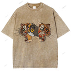 Unisex Cat Tiger Printed Washed Tee