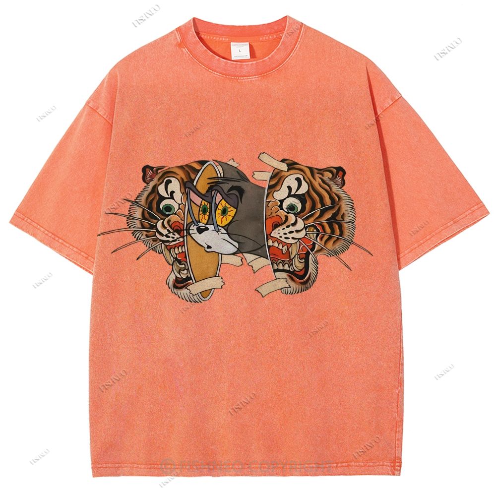 Unisex Cat Tiger Printed Washed Tee