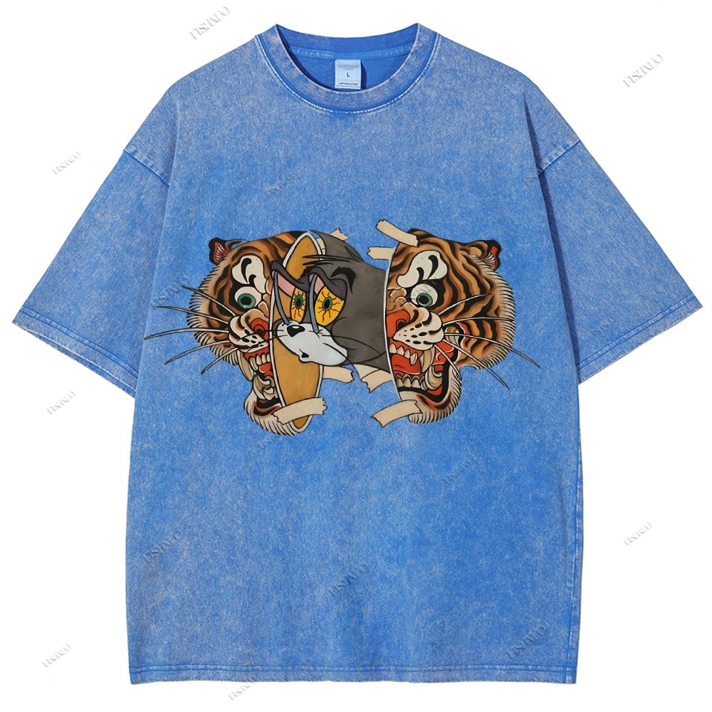 Unisex Cat Tiger Printed Washed Tee