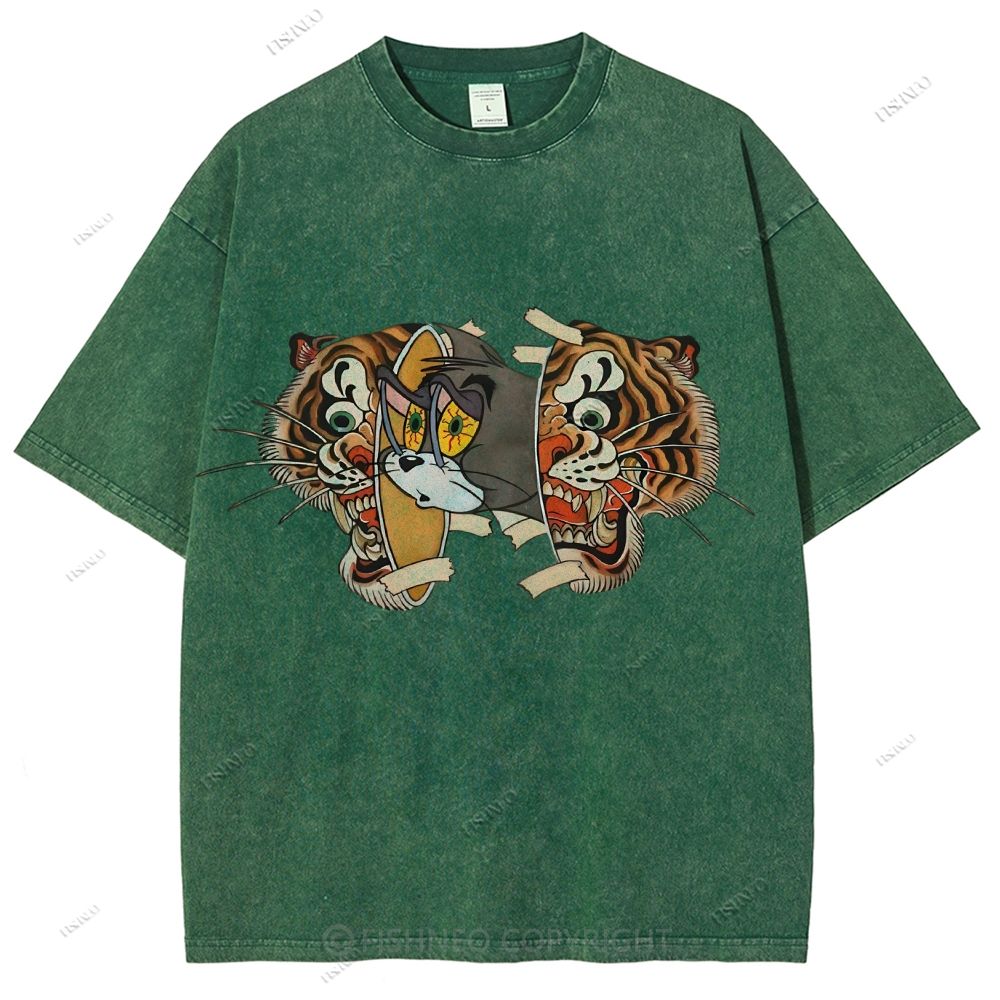 Unisex Cat Tiger Printed Washed Tee