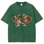 Unisex Cat Tiger Printed Washed Tee