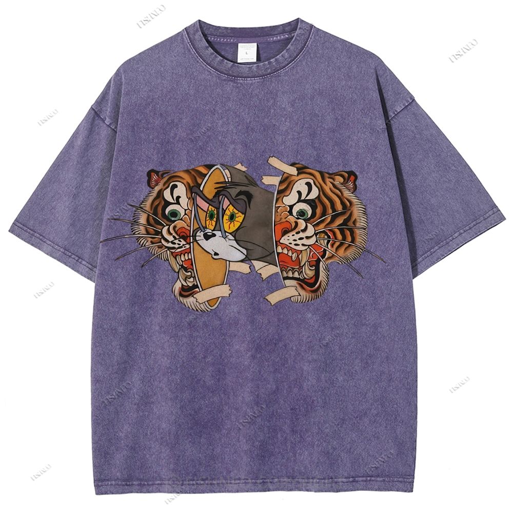 Unisex Cat Tiger Printed Washed Tee
