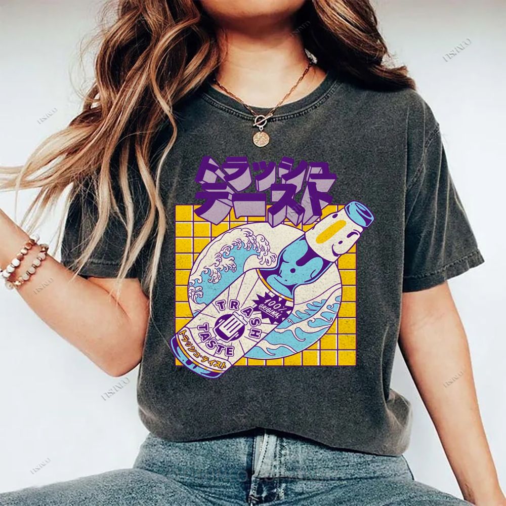 Unisex Japanese Wave Wine Printed Washed Tee