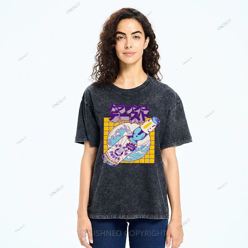 Unisex Japanese Wave Wine Printed Washed Tee