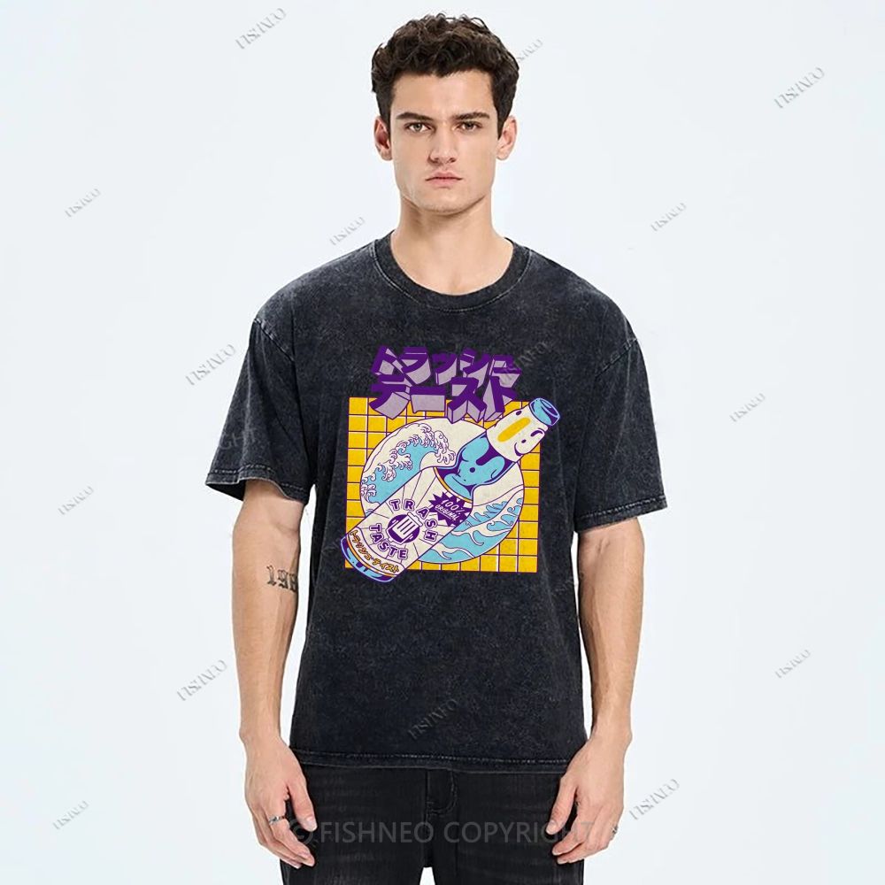 Unisex Japanese Wave Wine Printed Washed Tee