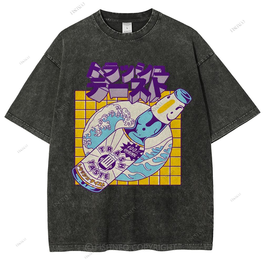 Unisex Japanese Wave Wine Printed Washed Tee