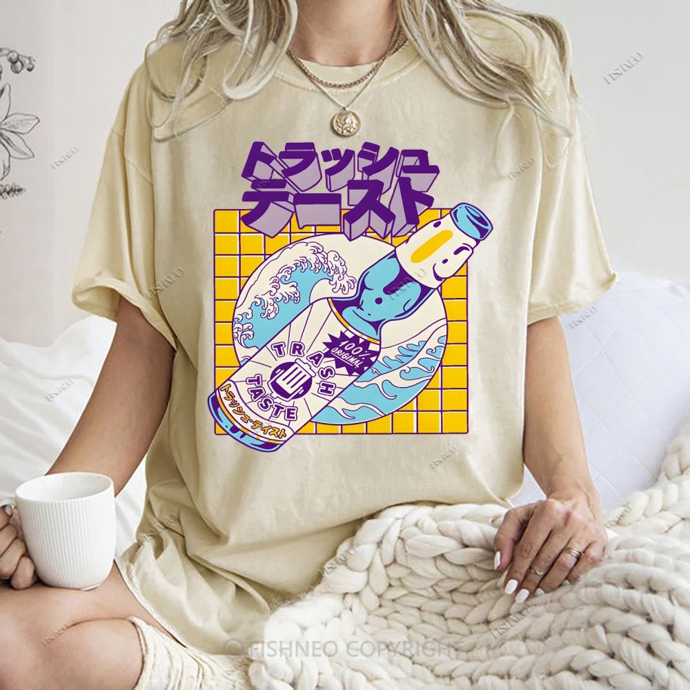 Unisex Japanese Wave Wine Printed Washed Tee