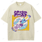Unisex Japanese Wave Wine Printed Washed Tee