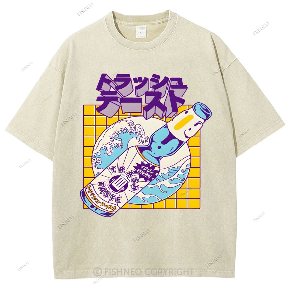 Unisex Japanese Wave Wine Printed Washed Tee