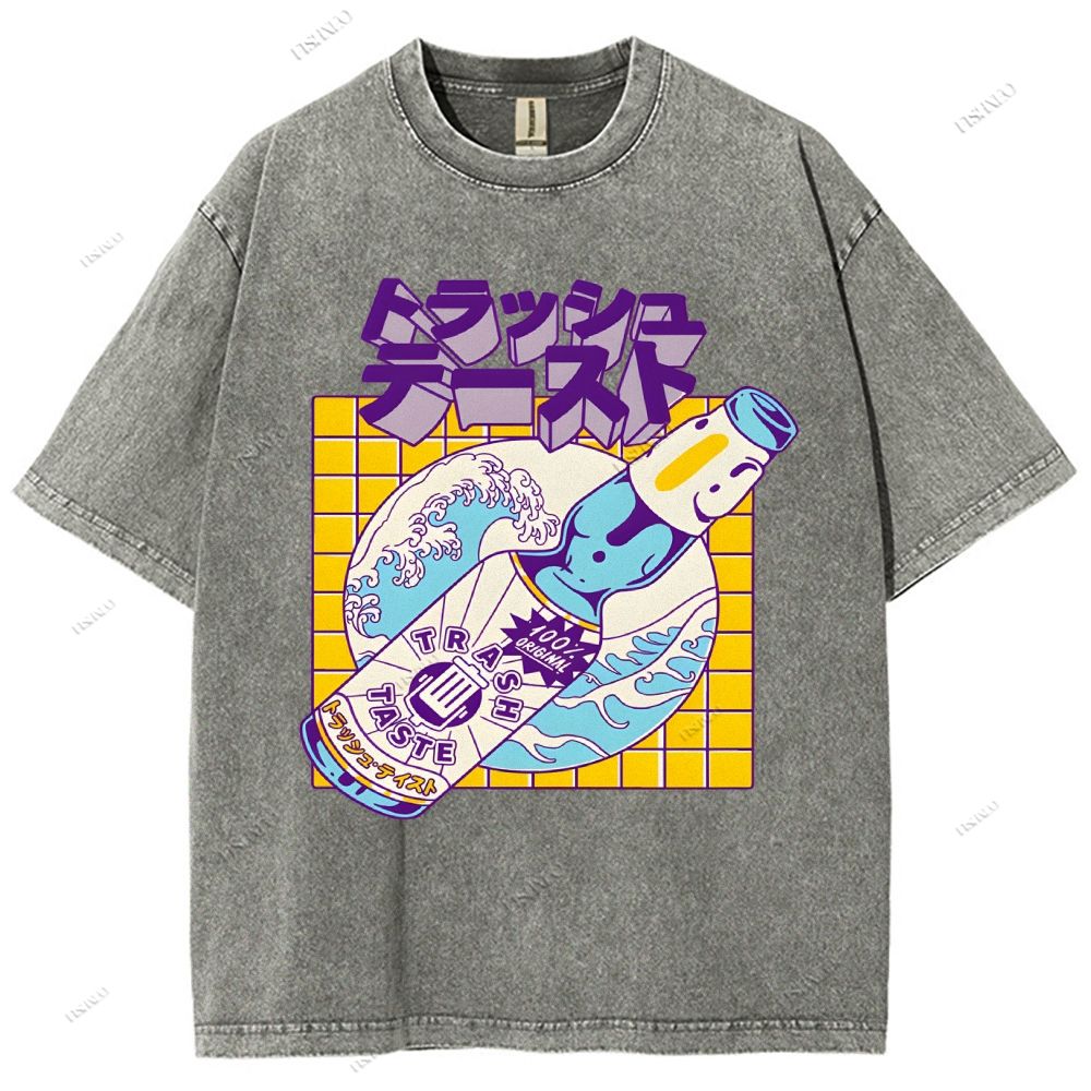 Unisex Japanese Wave Wine Printed Washed Tee