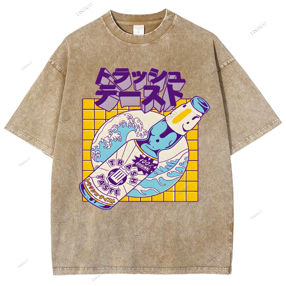 Unisex Japanese Wave Wine Printed Washed Tee