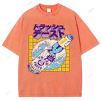 Unisex Japanese Wave Wine Printed Washed Tee
