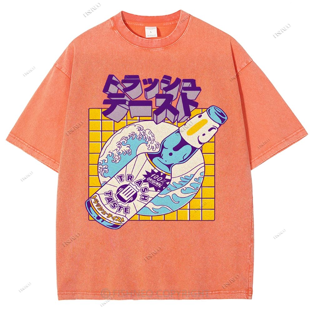 Unisex Japanese Wave Wine Printed Washed Tee