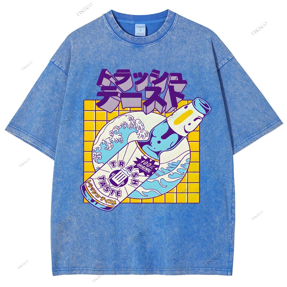 Unisex Japanese Wave Wine Printed Washed Tee