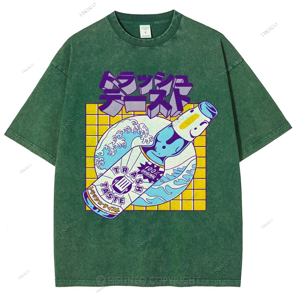 Unisex Japanese Wave Wine Printed Washed Tee
