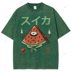 Unisex Watermelon Monster Printed Washed Tee
