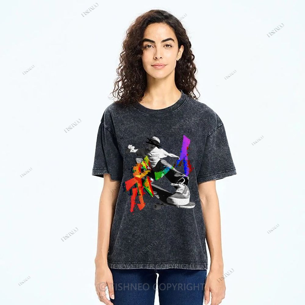 Unisex Japanese Skateboarding Printed Washed Tee