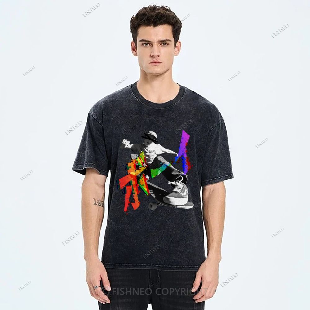 Unisex Japanese Skateboarding Printed Washed Tee