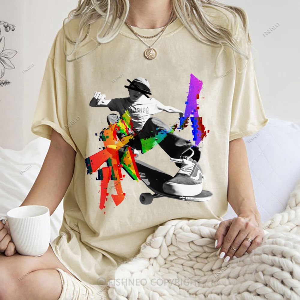 Unisex Japanese Skateboarding Printed Washed Tee